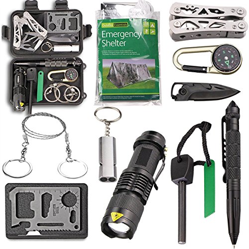 EMDMAK Survival Kit Outdoor Emergency Gear Kit with Emergency Survival Tent for Camping Hiking Travelling or Adventures (Pack of 11 pieces)