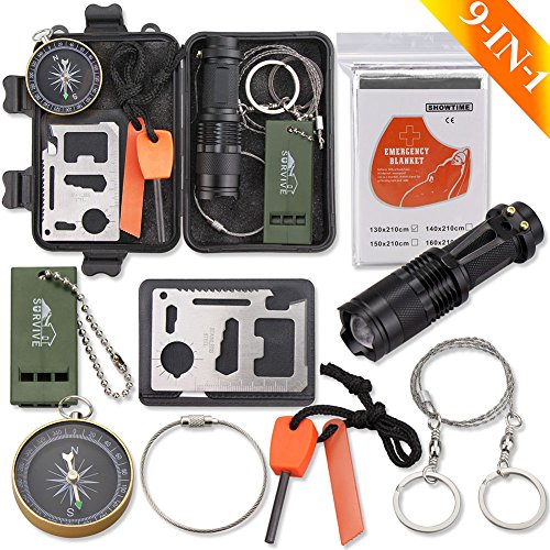 Emergency Survival Kit  Monoki 9-In-1 Compact Outdoor Survival Gear Kits Portable EDC Emergency Survival Tools Set with Gift Box for Camping Hiking Hunting Climbing Travelling Or Wilderness Adventures