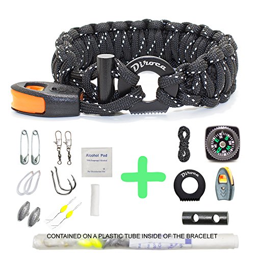 Paracord Bracelet Survival Gear   550 Premium Black Reflective Parachute   First Aid Kit 19 in 1 Compass  Fire Starter  Knife  Whistle  Rescue Rope   Fishing tools - Outdoor Hiking Camping Hunting