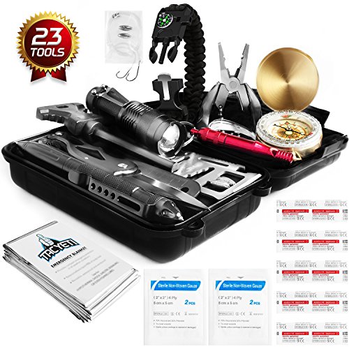 TAC Yeti Outdoor Tactical Survival Kit - 23 Tools - Knife  Flashlight  Paracord Bracelet  Emergency aid Blanket - Including Family Gear Camping  Fishing  Hiking While in Wilderness Urban use