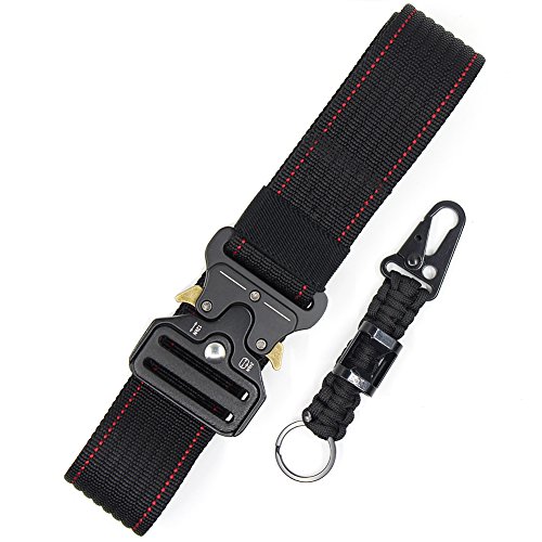 Tactical Duty Belt Black Red Utility CQB Belt Military Style Carry Belt Outdoor Training Web Belt Nylon Webbing Riggers Belt with Metal Buckle Molle System 1 5  and Extra Paracord Keychain Carabiner