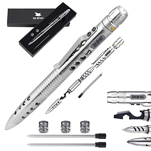 Tactical Pen Self Defense Tool for Survival - 303 Stainless Steel Badass EDC - Tactical Flashlight  Ballpoint Pen  Glass Breaker  Multitool - 2 Inks   3 Batteries Sets - Gift Boxed
