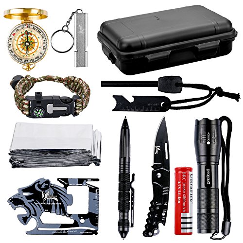 Wildness Survival Gear Kit with 18-in-1 Versatile Tool Card Military Flashlight Paracord Bracelet Folding Knife Emergency Blanket Tactical Pen Compass Fire Starter Metal Whistle (w  Black Case)