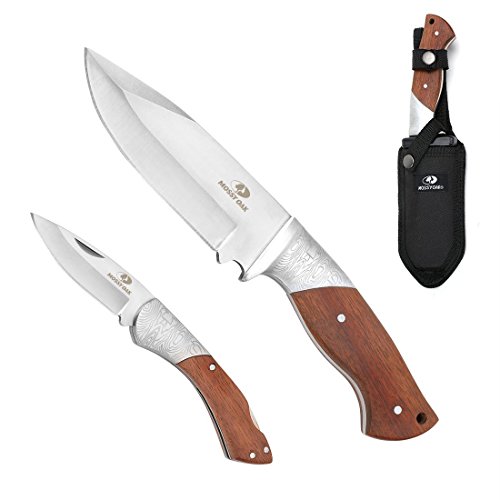 MOSSY OAK Fixed Blade Hunting Knife and Folding Pocket Knife Set Wood Handle with Damascus Finish