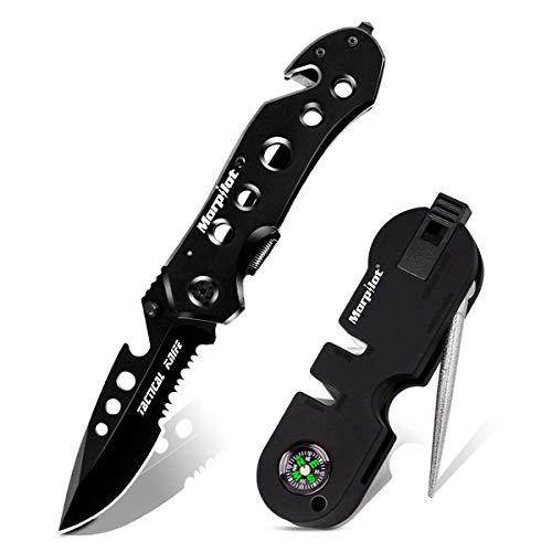 Morpilot 5in1 Folding Hunting Knife for Camping Hunting Backpacking Fishing Outdoor Survial  with Knife Sharpener for Sharpening Serrated   Standard Edges  Ideal for gift