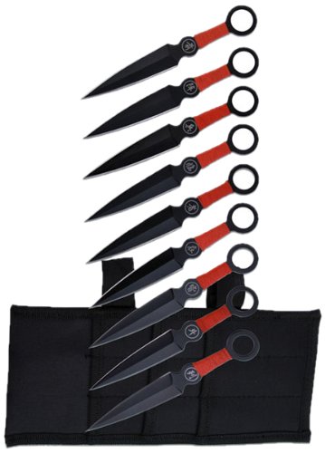 Perfect Point PP-060-9 Throwing Knife Set Nine Knives  Black Blades  Red Cord-Wrapped Handles  6-1 4-Inch Overall