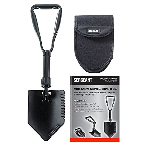 SERGEANT Folding Shovel  Entrenching Tool  E-Tool  Military Grade  for Camping  Gardening  Job Site or Survival Kit  with Steel Blade  Serrated Edge  Black Powder Coat Finish and Tactical Carry Case