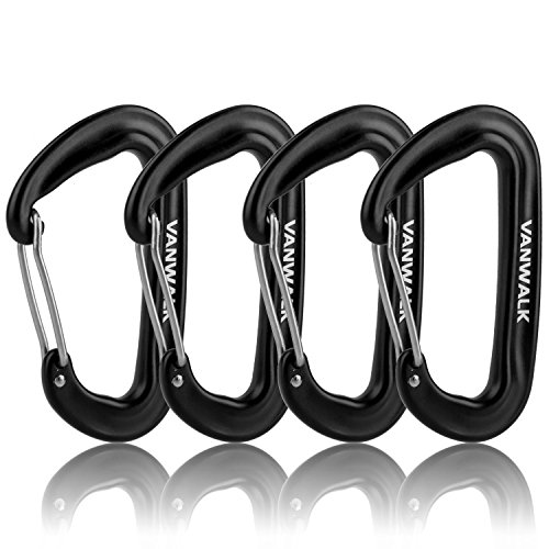 VANWALK 12KN Aluminium Wiregate Carabiners - 4 Pack - Rated 2645 LBS each – 7075 Lightweight Black Carabiner Clips for Hammock Climbing Rocking