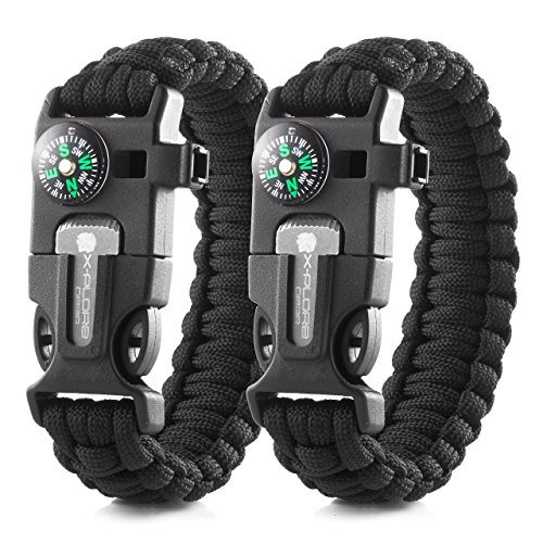 X-Plore Gear Emergency Paracord Bracelets   Set Of 2  The ULTIMATE Tactical Survival Gear  Flint Fire Starter  Whistle  Compass   Scraper   BEST Wilderness Survival-Kit - Black(M) Black(M)
