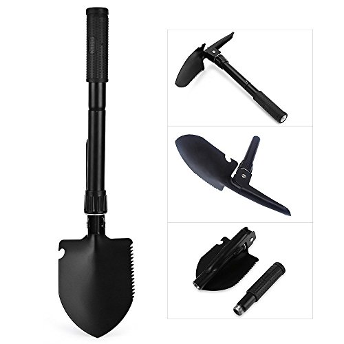 Z ZANMAX Foldable Military Shovel - Mini Emergence Survival Compass Spade Entrenching Tool with Carrying Pouch for Camping  Hiking  Backpacking  Gardening with Rubber Handle(Black) (16 34inch)